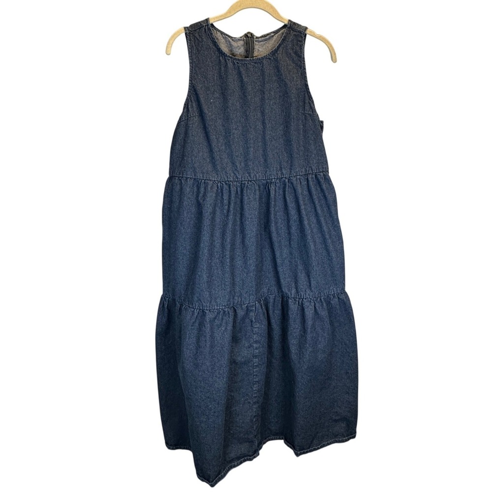 Dazy XL Blue Denim Sleeveless Tiered Midi Dress Cotton Round Neck Zip Back